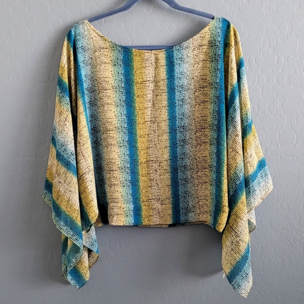 New York & Company Blue & Green Striped Cape Sleeve Blouse Sz Medium